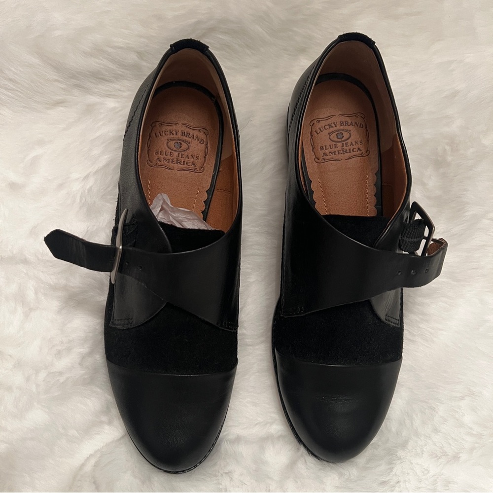 Lucky Brand size 7.5. Black 100% leather and black suede oxford with buckle.